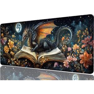 Dragon Desk Mat Gaming Desk Pad Large Mouse Keyboard Pad Book Stars Moonlight Flower Magic Desktop Mats Computer Keyboard Pad Mouse Mat Laptop Mat Office Home Decor 31.5" x 11.8"