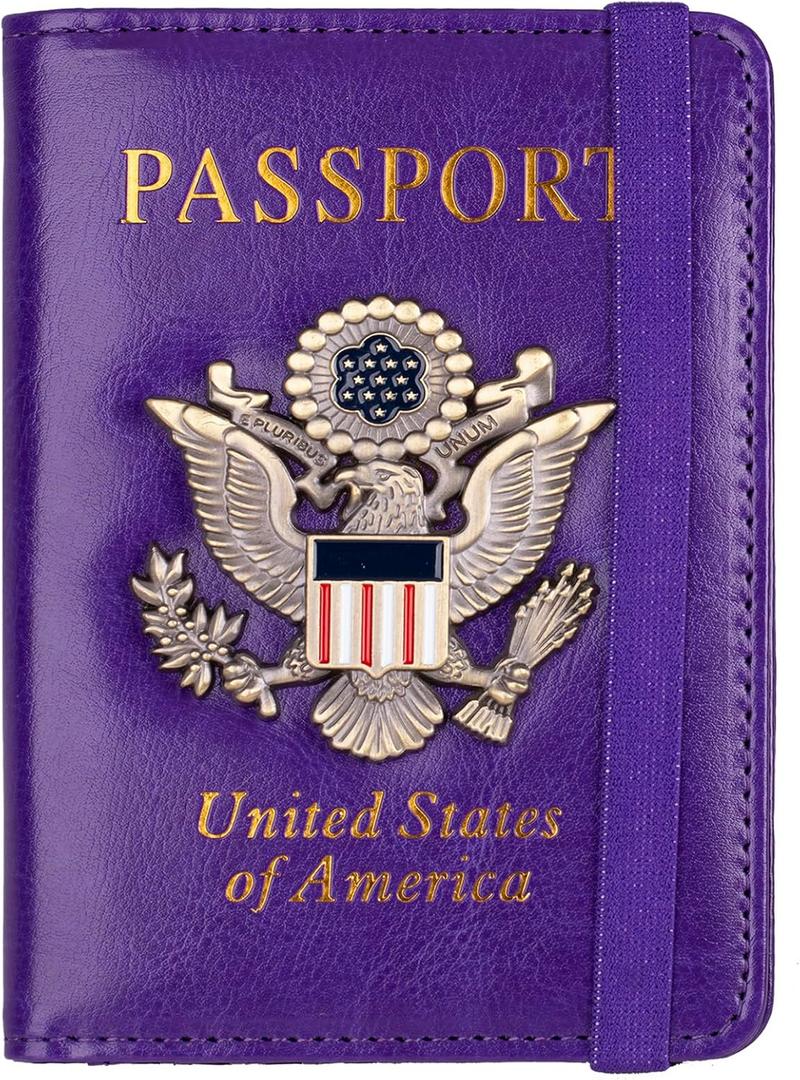 TOURSUIT RFID Blocking Passport Holder for Women Men, Leather Passport Travel Wallet with 3D Metal Badge, Travel Document Holder Cover Accessories (Purple)