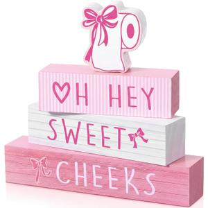 Xuhal 4 Pcs Pink Bow Bathroom Decor Coquette Bow Block Sign Farmhouse Bowknot Gifts for Home Bathroom Washroom Restroom Nursery Wedding Pink Bows Party Decorations Table Centerpieces Tiered Tray Decor