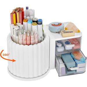 LETURE Rotating Office Desk Organizers and Accessories with 2 Drawer, Pencil Pen Marker Holder for Desk, Desktop Storage Organizers and Accessories for Office Home Art Supplies (White)