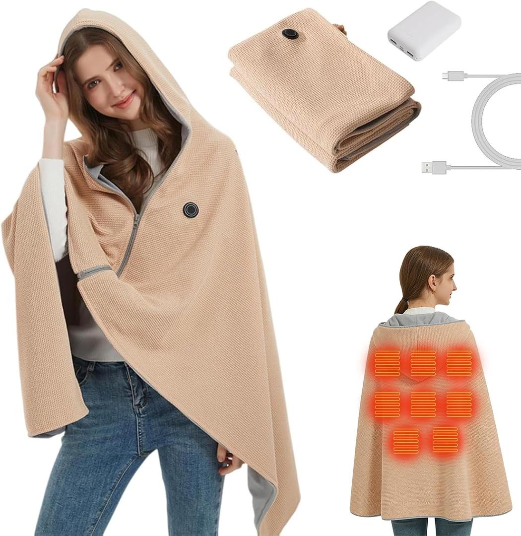 Heated Shawl Wraps for Women Portable USB Heated Blanket Shawl with Hoodie Wearable Electric Blanket Fast Heating in 15 Seconds 8 Heating Zones 3 Heating Levels Rechargeable for Outdoor C(1PCS)