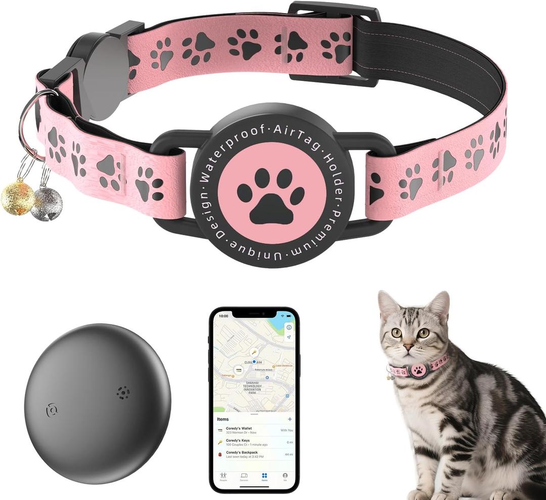 GPS Tracker for Cats, Waterproof GPS Cat Trackers Cats Collar with Bells, No Subscription, GPS Cat Collar, Adapt with Apple Find My (iOS Only) Finder Tag for Items Vehicles, Pets, Kids (Pink)