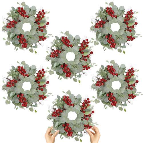 6 Pcs Christmas Artificial Christmas Eucalyptus 10 Inch Greenery Wreath for Front Door Cabinets Indoor Outdoor Wall Decor Christmas Wall Home Kitchen Porch Window Decoration