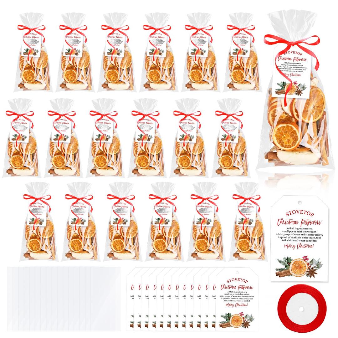 Demonwer 100 Set Christmas Potpourri Cellophane Bags Potpourri Gift Bags Simmer Instruction Tags and Ribbon DIY Crafting Kit for Xmas Winter Holiday Party Gift Decor(100)