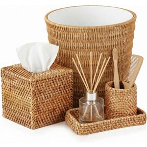 Cinnvoice 5 Pcs Boho Bathroom Accessories Set, Wicker Rattan Bathroom Decoration Includes Tissue Box Cover Toothbrush Holder Vanity Tray and Trash Can for Farmhouse Bedroom Toilet Countertop