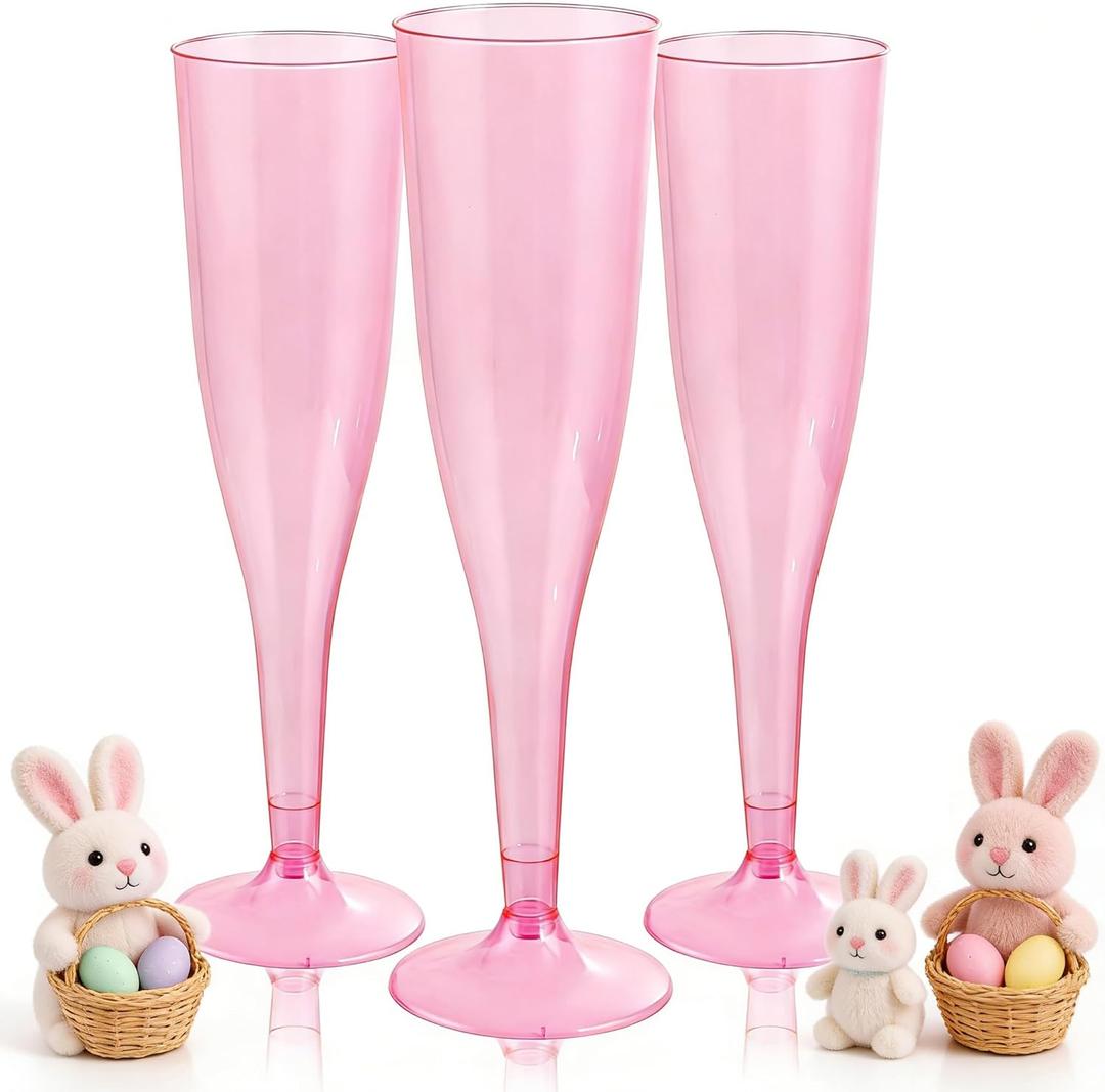 WDF 36 Pack Clear Pink Plastic Champagne Flutes - 7OZ Pink Champagne Flutes Plastic, Champagne Glasses Disposable for Party/Baby Shower/Wedding/Spring/Easter