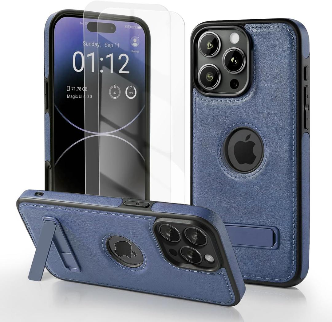 Phone Case for iPhone 16 Pro Max Leather with Screen Protector (2 Packs), Slim Adjustable Kickstand Protective for Apple iPhone 16 Pro Max Phone Case Leather Blue