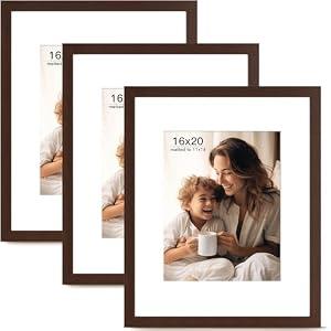 FinalFind 16x20 Picture Frame with Mat for 11x14 Set of 3, Drak Brown Wood Grain 16x20 Frames for Horizontal & Vertical Wall Mounting (3 Pack, Walnut)
