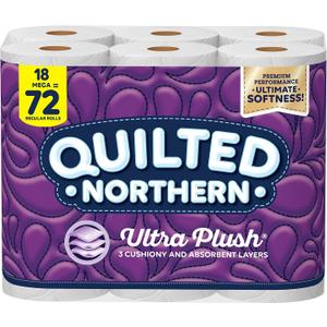 Quilted Northern Ultra Plush Toilet Paper, 18 Mega Rolls = 72 Regular Rolls, 3-Ply Bath Tissue