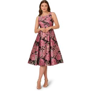 Adrianna Papell Women's Boat Neck Midi Dress (14, Black/Pink Multi)