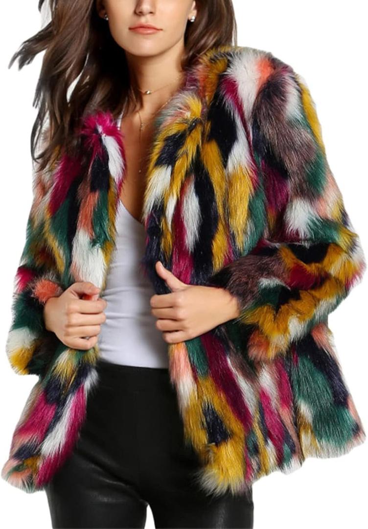 Gihuo Faux Fur Coat Women Winter Fur Fluffy Jacket Multicolor Furry Coat Jackets, L
