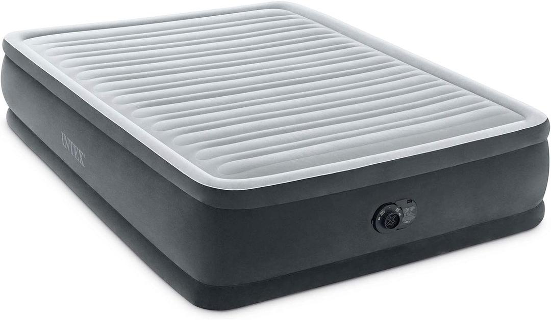 Intex Dura-Beam Deluxe Comfort-Plush Elevated Air Mattress: Fiber-Tech  Queen Size  Built-in Electric Pump  18in Bed Height  600lb Weight Capacity (Queen, Grey)