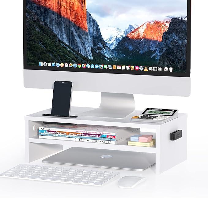 BONTEC Wooden Monitor Stand Riser, 2-Tier Desk Shelf with Storage Organizer, Ergonomic Computer Stand with Cable Management, Cellphone Holder, Black, 16.5 Inch