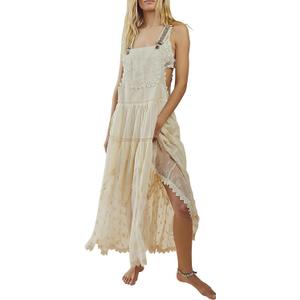 ebossy Women's Laced Embroidered Tulle Bib Dress Casual Loose Adjustable Straps Maxi Dress (S, Apricot)