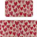 Watercolor Love Heart Valentines Kitchen Rugs Set of 2, Valentines Day Home Decor Low-Profile Kitchen Mats for Floor - 17x29 and 17x47 Inch