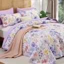 WONGS BEDDING Botanical Quilt Set King Size, Purple Floral Leaves Pattern Bedspread Coverlet Set, 3 Piece Soft Microfiber Bedding Set with 2 Pillowcases for All Season (104"x90")