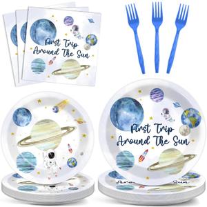 ZOIIWA 200 PCS First Trip Around the Sun Birthday Tableware Disposable 1st Space Party Supplies Outer Space Birthday Party Paper Plates Napkins Forks Baby Shower Decoration Serve 50 guest