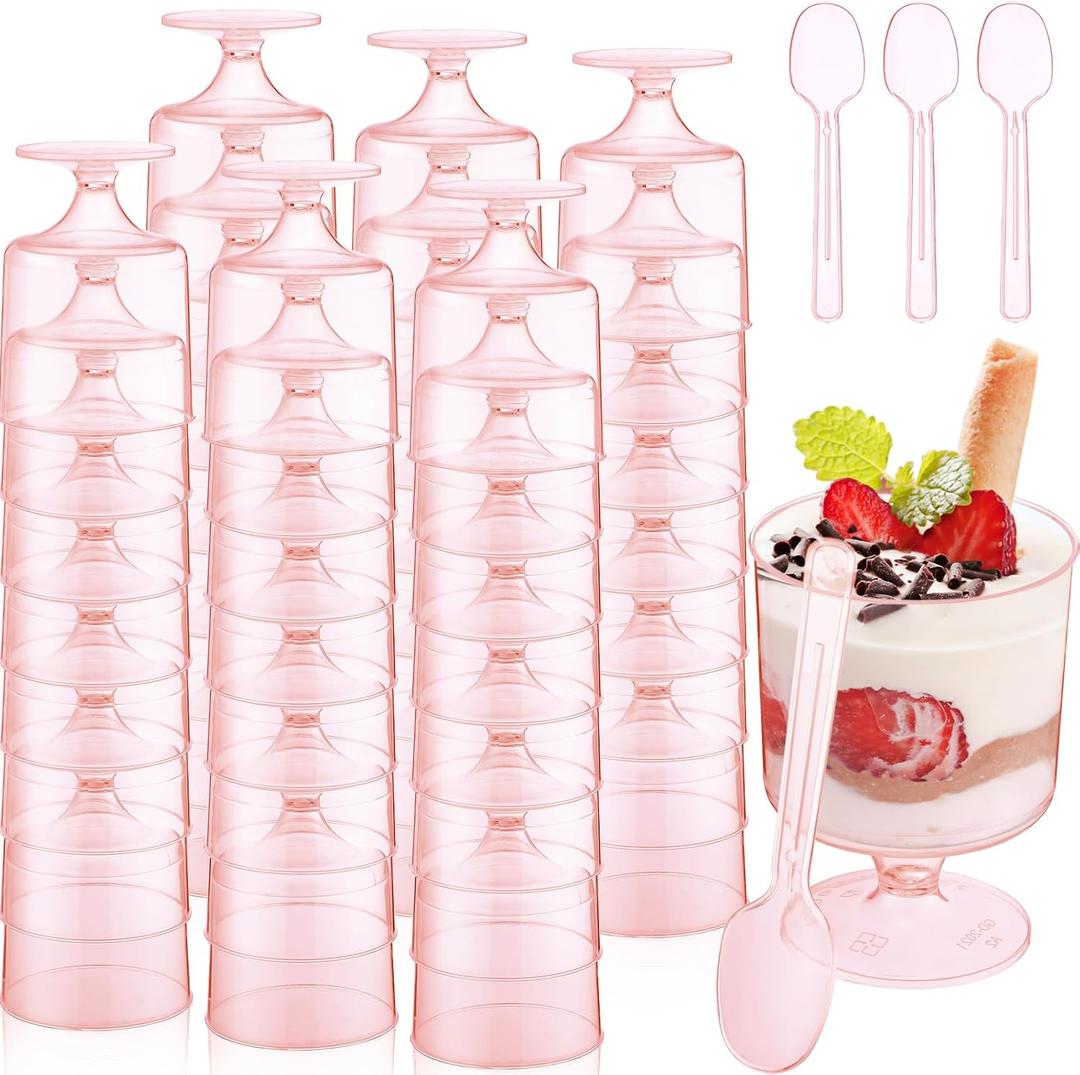 Nuogo 100 Pack 5 oz Clear Plastic Dessert Cups with Spoons Mini Disposable Appetizer Yogurt Parfait Cup for Mousse Dessert Puddings Ice Cream(Pink Color)