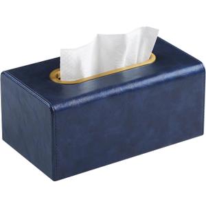 PU Leather Tissue Box Cover Rectangular Tissue Box Holder for Boxes Up to 3.9" Tall, Decorative Rectangle Tissue Cover for Bathroom Living Room Car Office (Navy Blue)