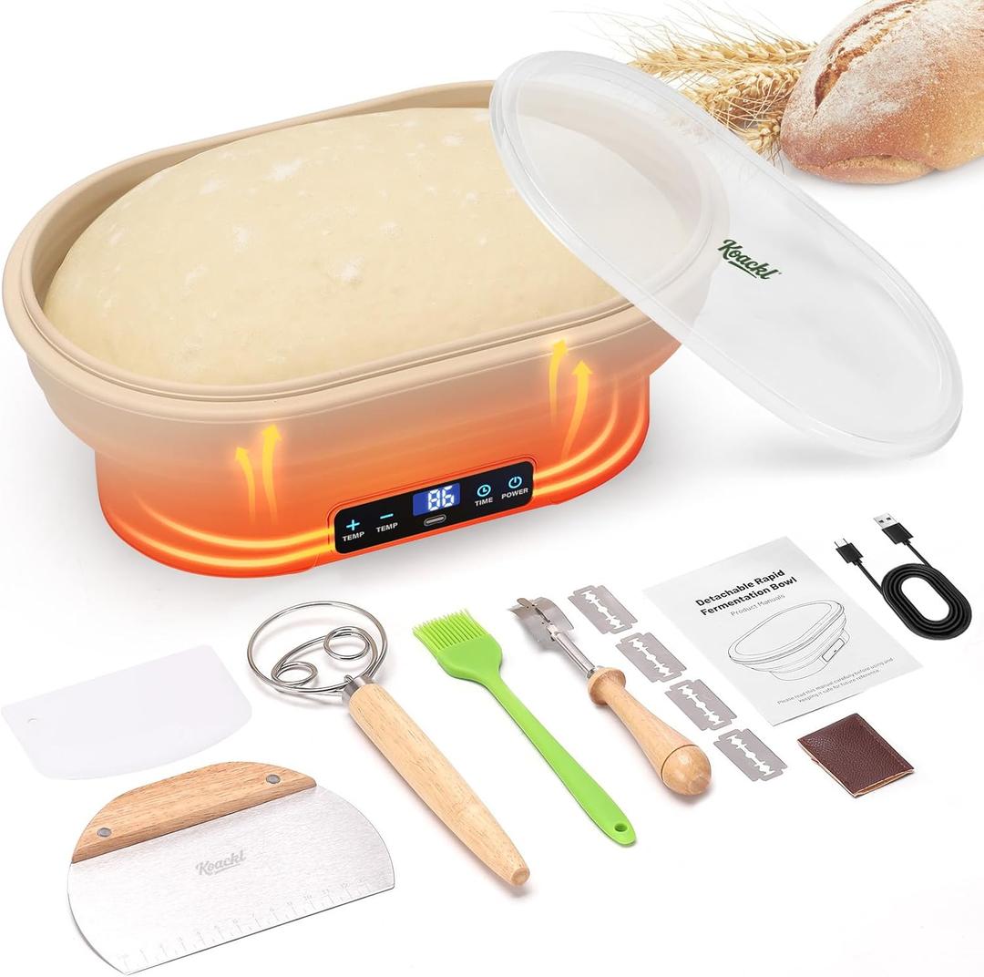 Upgraded Sourdough Starter Warmer, Precise 6 level Thermostat Control (77-122F) Silicone Sourdough Warming Bowl, Auto Warming On/Off, 6-Hour Timer Sourdough Warmer with Sourdough Starter Kit (Oval Warmer Set)