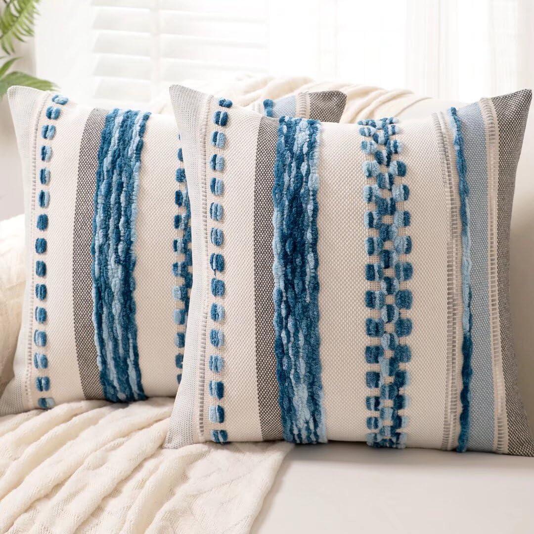 WANLIRD Boho Throw Pillow Covers 18x18 Set of 2 Farmhouse Decorative Cushion Case Striped Square Pillows Cover Chenille Pillow Cases Accent Neutral Pillowcase for Sofa Couch Bed, Sky Blue