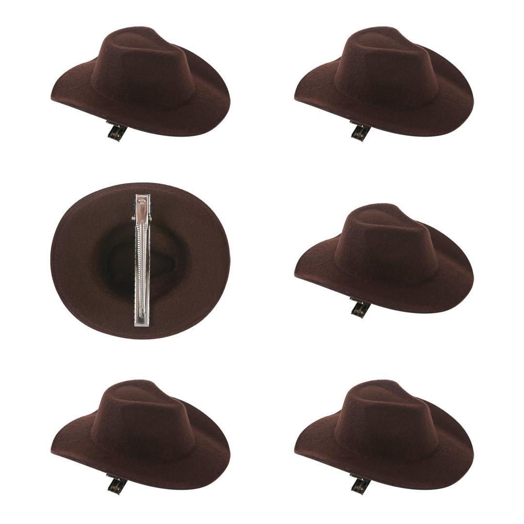 6 Pcs Mini Cowboy Hats Hair Clips Mini Small Miniature Western Cowboy Cowgirl Felt Hats Clip Hair Accessories for Party Decor Dark Brown 3.94 Inch