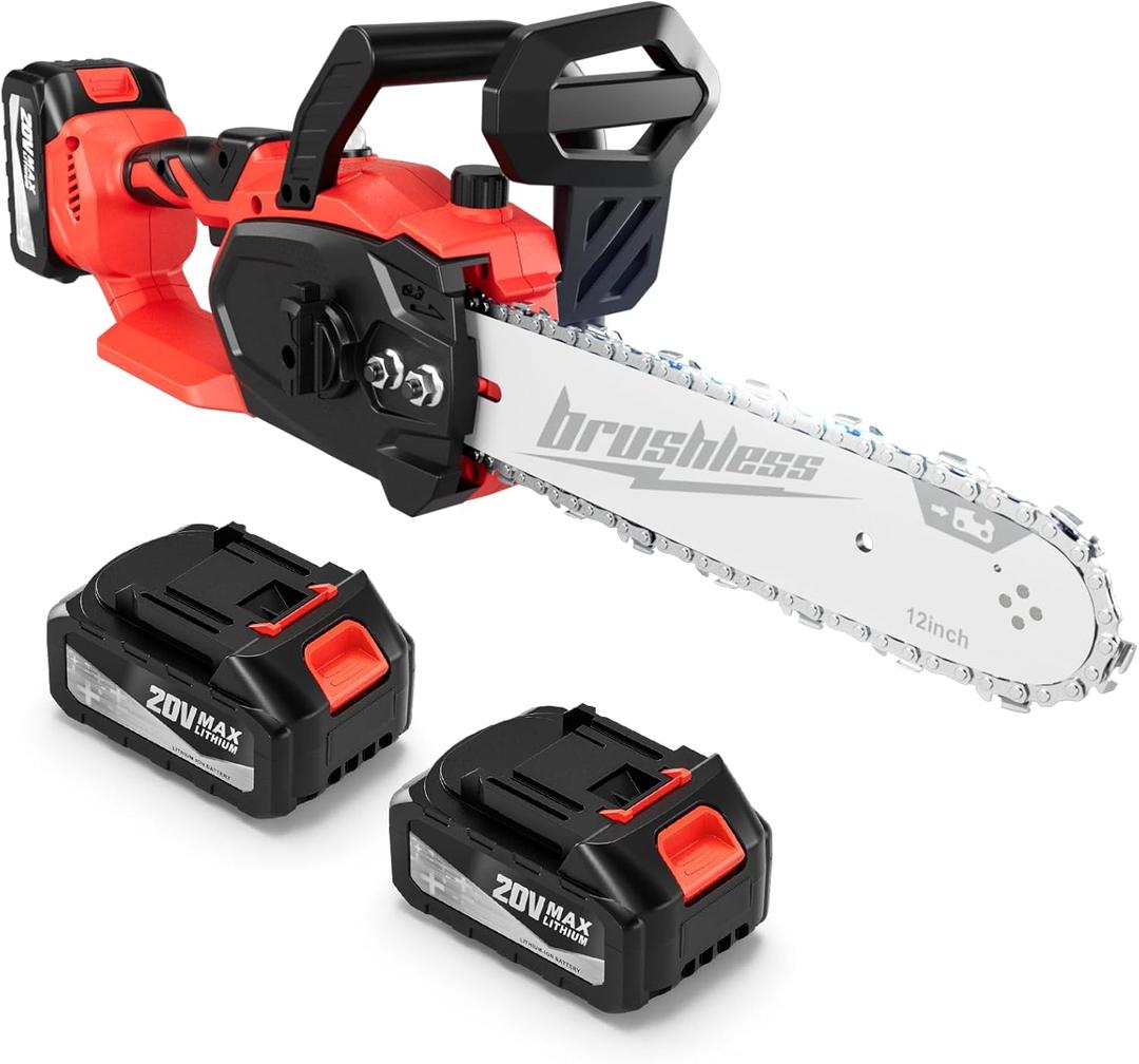 12" Electric Chainsaw Cordless, 20V Battery Power Cordless Chain Saw, Battery Chainsaw with 4.0Ah Lithium ion Battery and Charger (12 inch Chainsaw+2 Batteries Red)