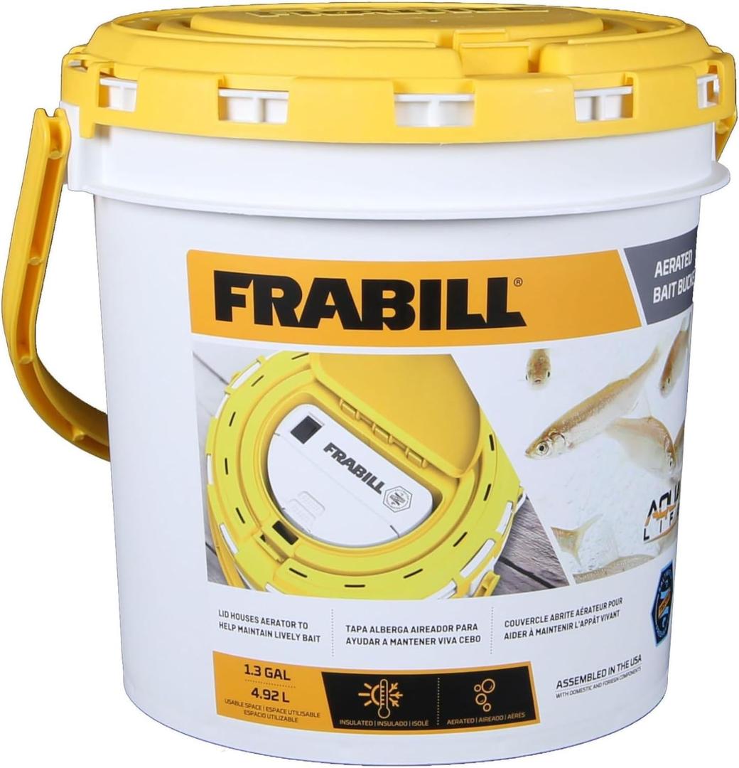 Frabill 4825 Insulated Bait Bucket with Built in Aerator , White and Yellow, 1.3 Gallons