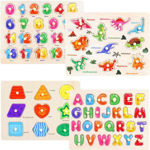 Montessori Wooden Peg Puzzles for Toddlers 3 4 5 Year Old, 4 Pcs Kids Educational Toys Preschool Learning Activities-Alphabet, Shape, Number and Dinosaur, Baby Puzzle Gifts for Boys Girls