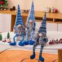 unanscre Blue Christmas Gnomes Plush Decoration - 3PCS Handmade Xmas Long Dangle Leg Winter Gnomes Hold Snowflake Candy Cane Gift Box Swedish Santa Elf Dolls for Home Table Ornament, Tiered Tray Decor