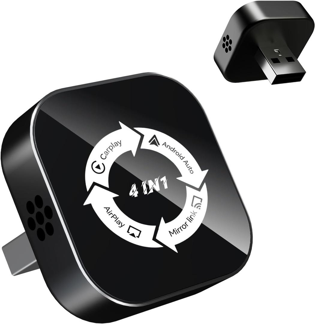 4 in 1 Screen Mirroring Wireless CarPlay Adapte, 2026 Upgraded Wired to Wireless for Apple CarPlay & Android Auto & AirPlay & MirrorLink, Mini USB Car Play Adapter with Type-C Extension, Plug and Play