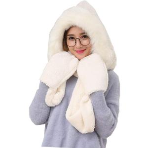 Winter Warm Women Hoodie Hat/Scarf/Gloves Set Soft Plush Thick Warm Hat (White)