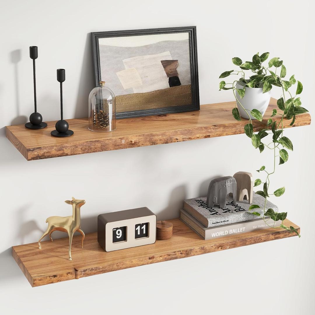 Rustic Elm Wood Floating Shelves for Wall, Live Edge 36"W x 9.2"D x 1.4"H, Set of 2 with Invisible Bracket, Wall Mounted Storage Shelves for Living Room Bedroom Kitchen Bathroom Decor, Natural Finish