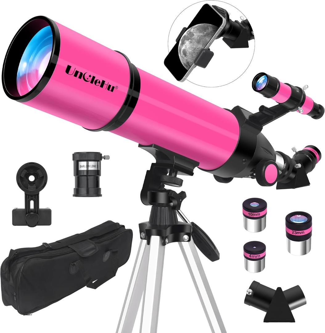 Telescope for Adults High Powered, 80mm Aperture 600mm Telescopes for Astronomy Adults&Kids&Beginners, Portable Travel Refractor Telescope with Tripod&Phone Adapter&Bag for Ground&Moon Viewing, Pink (80600)