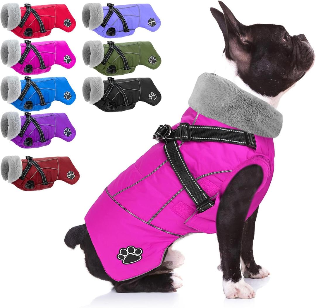 Doglay Dog Coat with Harness, Reflective Warm Dog Jacket Waterproof Puppy Winter Coat for Cold Weather, Adjustable Fleece Jacket for Small Medium Large Dogs (Pink)