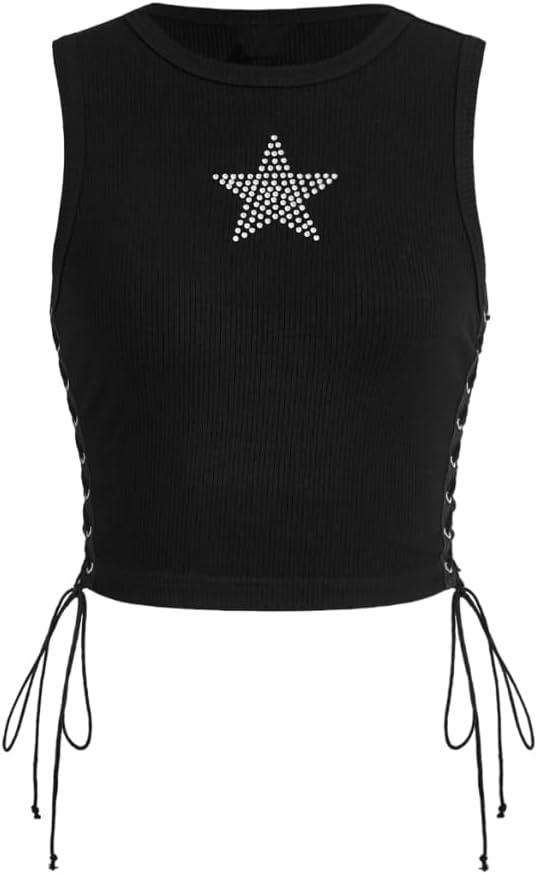 SOLY HUX Women's Tank Tops Y2K Sleeveless Ribbed Star Crop Tank Top Summer Going Out Tops, Large