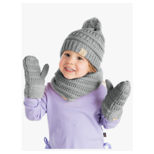Funky Junque Kids Matching Neck Warmer Scarf Soft Fuzzy Cuff Gloves Mittens Ribbed Knit Pom Pom Beanie Bundle Boy Girl