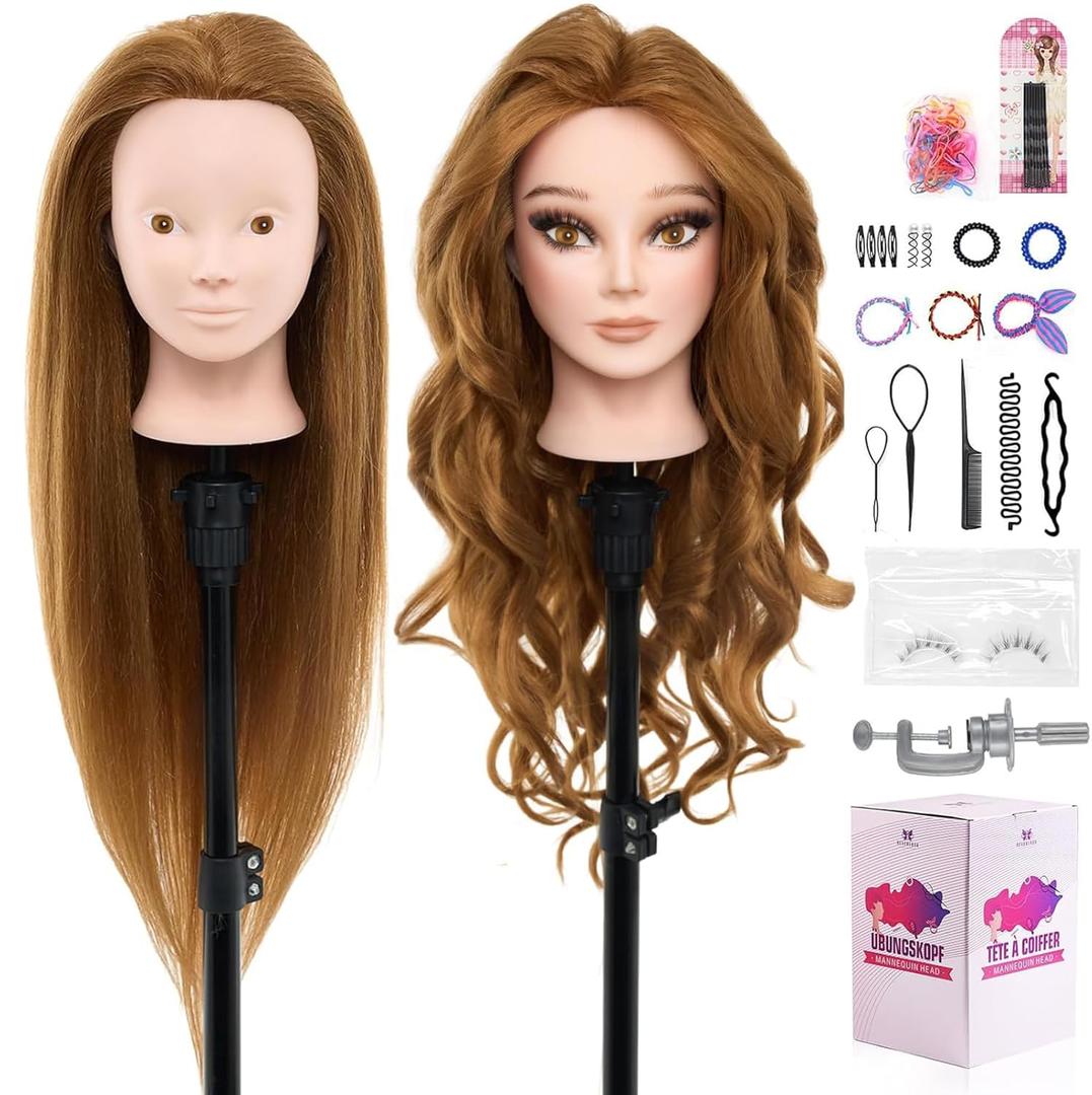 28" Mannequin Head Human Hair - 80% Real Hair Mannequin Head for Makeup Practice, Cosmetology Manikin Doll Head for Hair Styling, Hairdressing Training Head for Braiding #27 (Golden Brown #27)