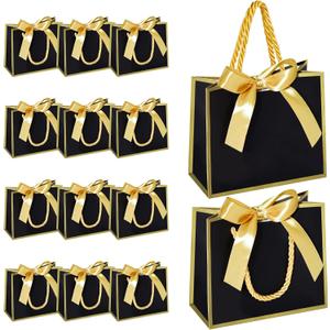 EQOREIIN 50 PCS Small Gift Bags with Handles, Black Mini Bag, 5.5x 2.5x4.7 Inches Small Thank You Gift Bags Bulk with Ribbon for Party Favors, Mother's Day, Baby Shower, Goodie, Weddings(Black Gold)