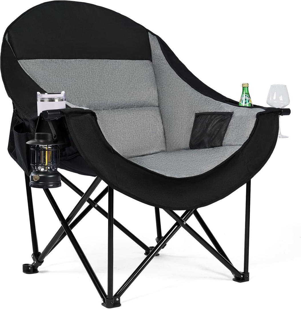 Oversized Camping Chairs for Adult - Heavy Duty Padded Portable Folding Chair XL Collapsible Camp Chair with Cup Holder Side Pocket for Outdoor Lawn Beach Sport Fishing Support 500LBS, Grey