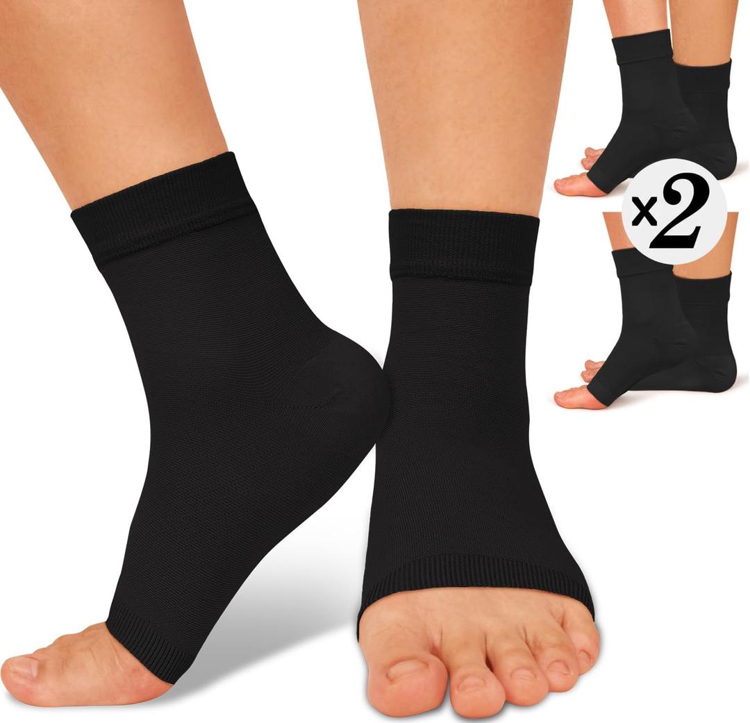 ACTINPUT 2 Pack Ankle Brace Compression Sleeve 8-15 mmHg Open Toe ompression Socks Women&Men for Swelling,Plantar Fasciitis,Sprain Black S/M