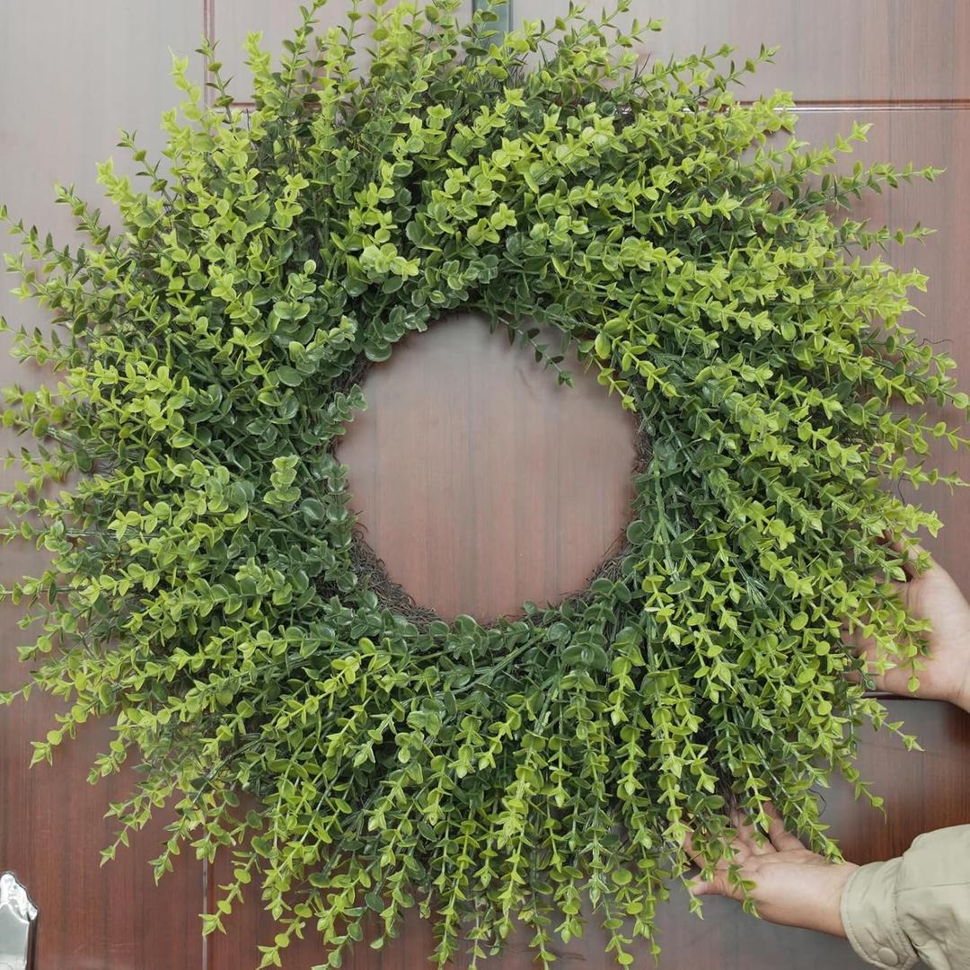28'' Large Boxwood Wreath for Front Door Porch Window Artificial Boxwood Leaves with White Seed Greenery Outdoor Indoor Wreath for Home Farmhouse Wall Decor Spring Summer Fall All Seasons (Green)