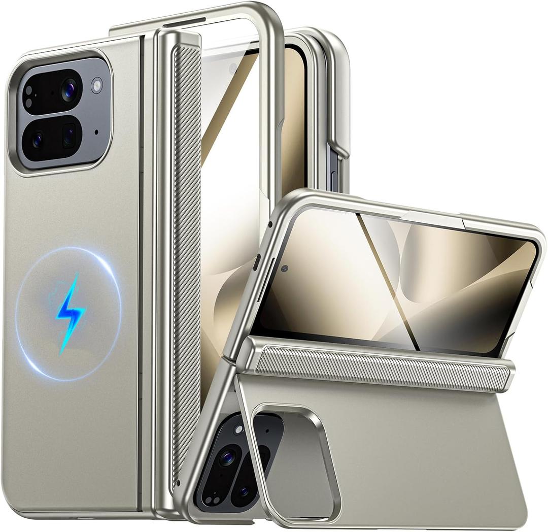 CENMASO Magnetic for Google Pixel 10 Pro Fold Case with Kickstand, Hinge Protection, Hidden Kickstand, Screen Protector, Slim Shockproof Phone Case for Pixel 10 Pro Fold (Natural Titanium)