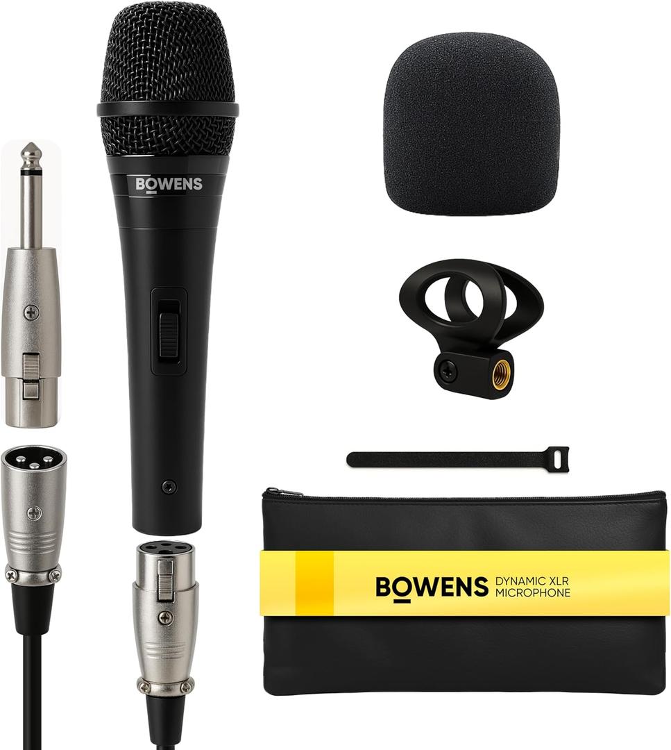 Bowens Dynamic Mic XLR Wired Karaoke Microphone with 15ft Cable, Handheld Vocal Microphone for Singing, Dj, Podcasting, and PA Systems, Complete 7 Piece Microfono Kit