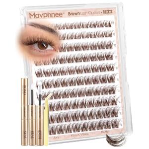 Brown Lash Clusters Kit Spider Cluster Eyelash Extensions Kit Fluffy Wispy Individual Lash Extensions 10-16MM CC Curl Clear Band Eyelash Clusters with Bond and Seal Lash Glue and Applicator