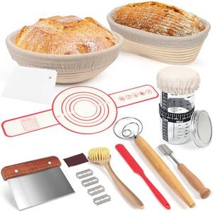 Banneton Bread Proofing Basket Set, 11 Inch Sourdough Proofing Basket and Bread Baking Supplies-Bread Lame, Danish Whisk, Bowl & Dough Scraper, Brush, (Rattan, 10in Round +10in Oval+1 Set Jar Kit)