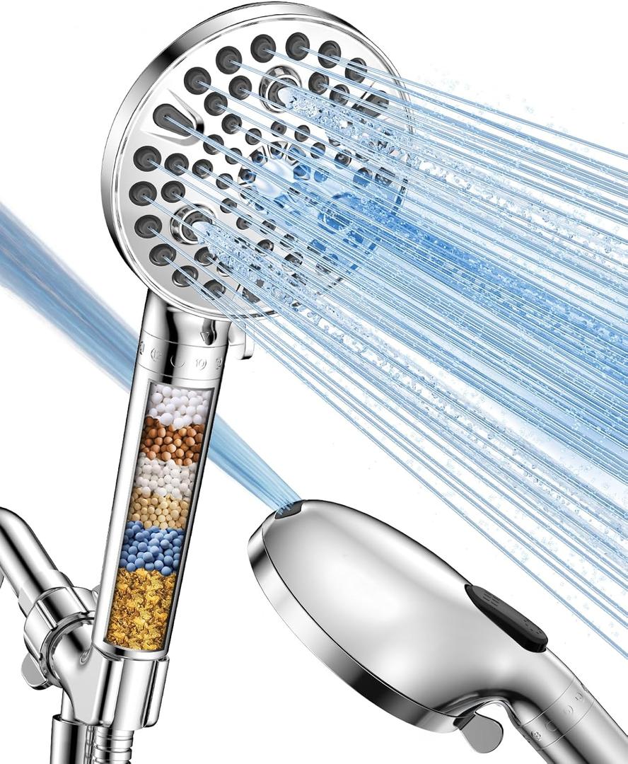 MakeFit Filtered Shower Head with Handheld-10 Modes High Pressure Showerhead with Built-in Power Wash,Long 71-inch Hose & Adjustable Bracket, Water Softener Filter Beads for Hard Water-Remove Chlorine (Chrome)