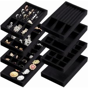 Elsjoy 8 Pack 4 Styles Black Velvet Jewelry Trays, 8" x 5" Jewelry Organizer Tray Stackable Jewelry Storage Tray for Drawer, Rings, Earrings, Necklace