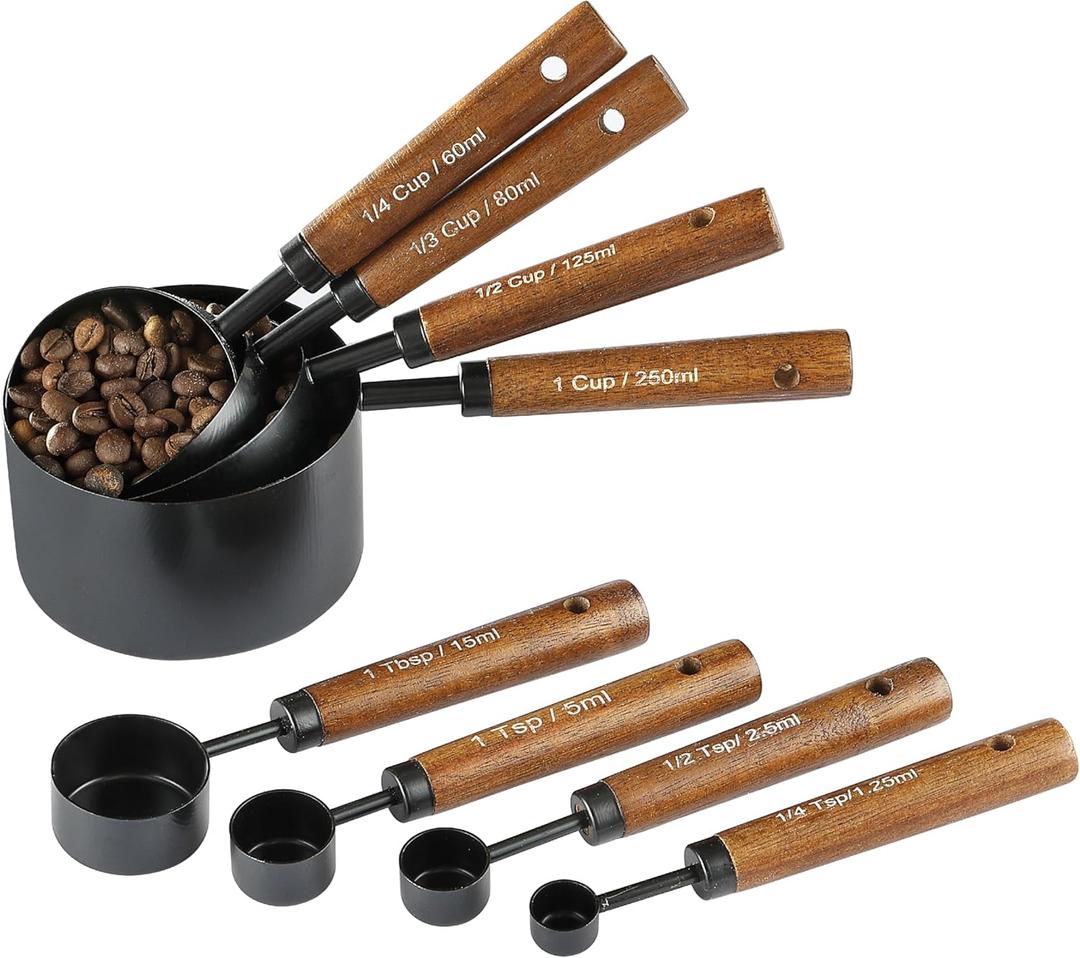 8PCS Measuring Cups and Spoons Set, DV Stainless Steel Measuring Cups with Ergonomic Wooden Handle for Cooking & Baking