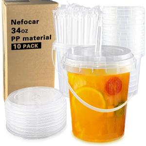 10 Pack 34oz Plastic Cups with Lids and Straws, Disposable Iced Coffee Cups with Lids,Sturdy & Food Safe Drink Buckets for Cold/Hot Drinks,Smoothies, Fruit Drinks Cups Summer Beverages,Bar/Beach Party